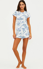 short sleeve and short sleep set in white with blue floral prints