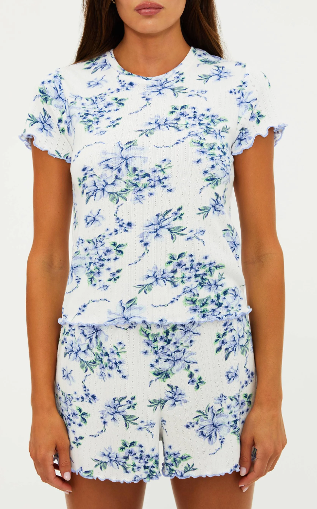 short sleeve and short sleep set in white with blue floral prints