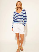 crochet sweater wither light and dark blue wavy stripes