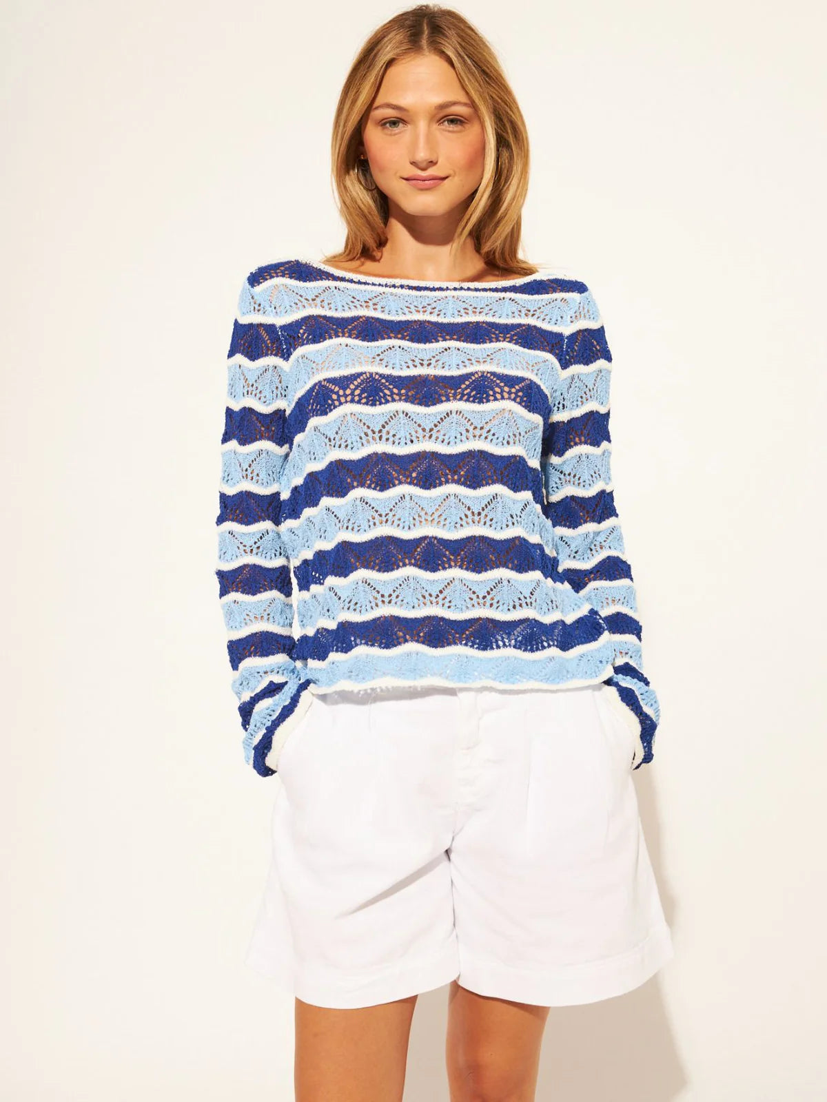 crochet sweater wither light and dark blue wavy stripes