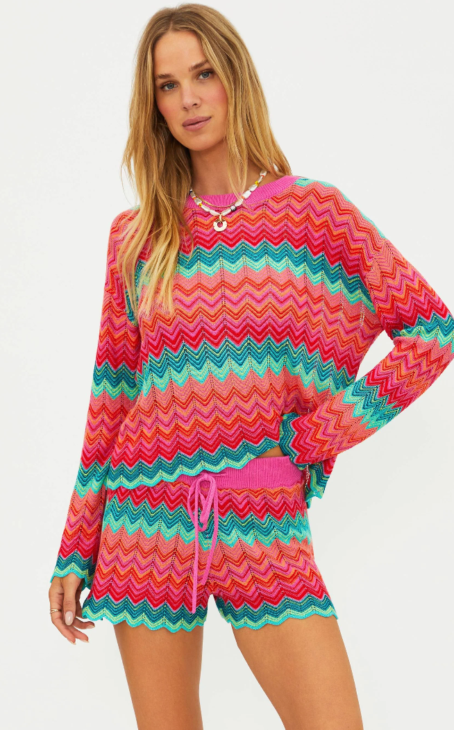 crochet sweater in pink, orange and blue wavy stripes