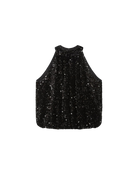 black sleeveless top in black sequins and a tie at the back