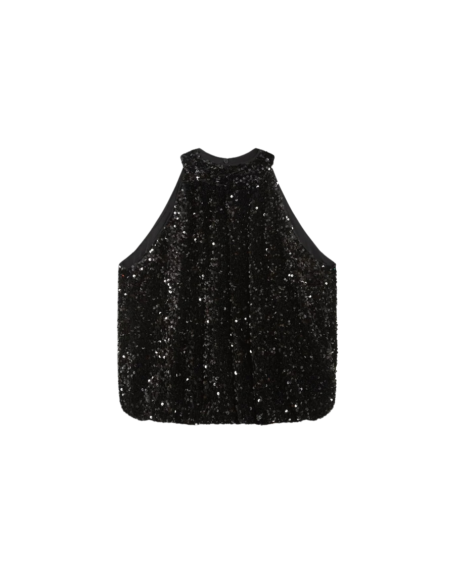 black sleeveless top in black sequins and a tie at the back