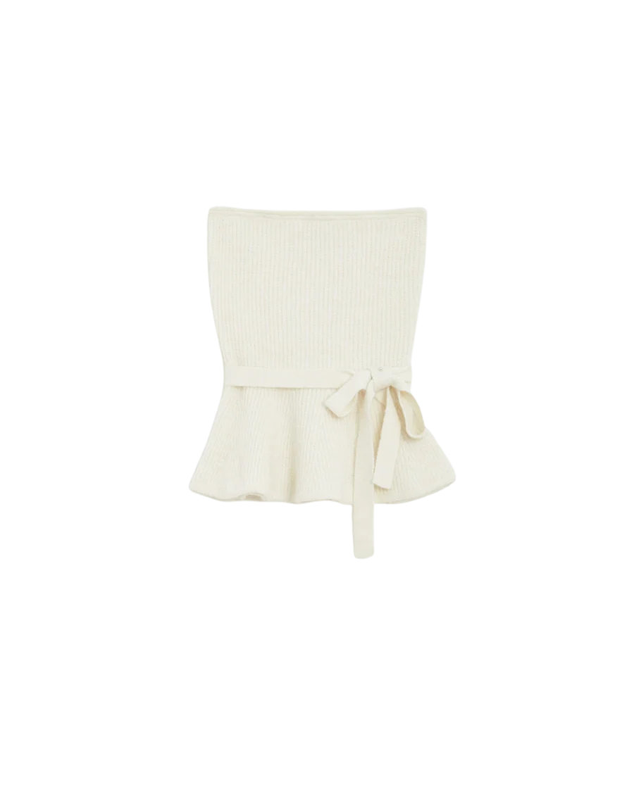 strapless tube top in white with peplum bottom and tie around the waist