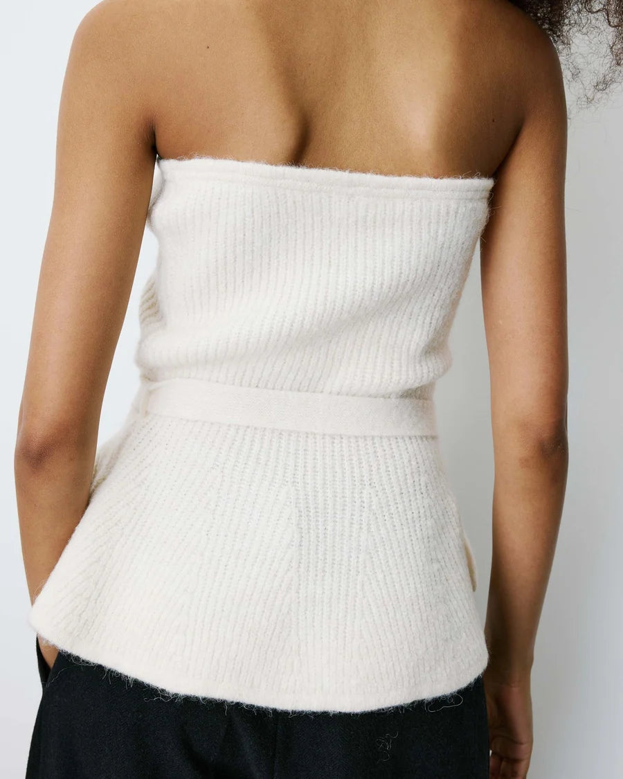 strapless tube top in white with peplum bottom and tie around the waist