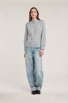blue and white stripe blouse with no collar