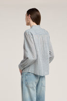 blue and white stripe blouse with no collar