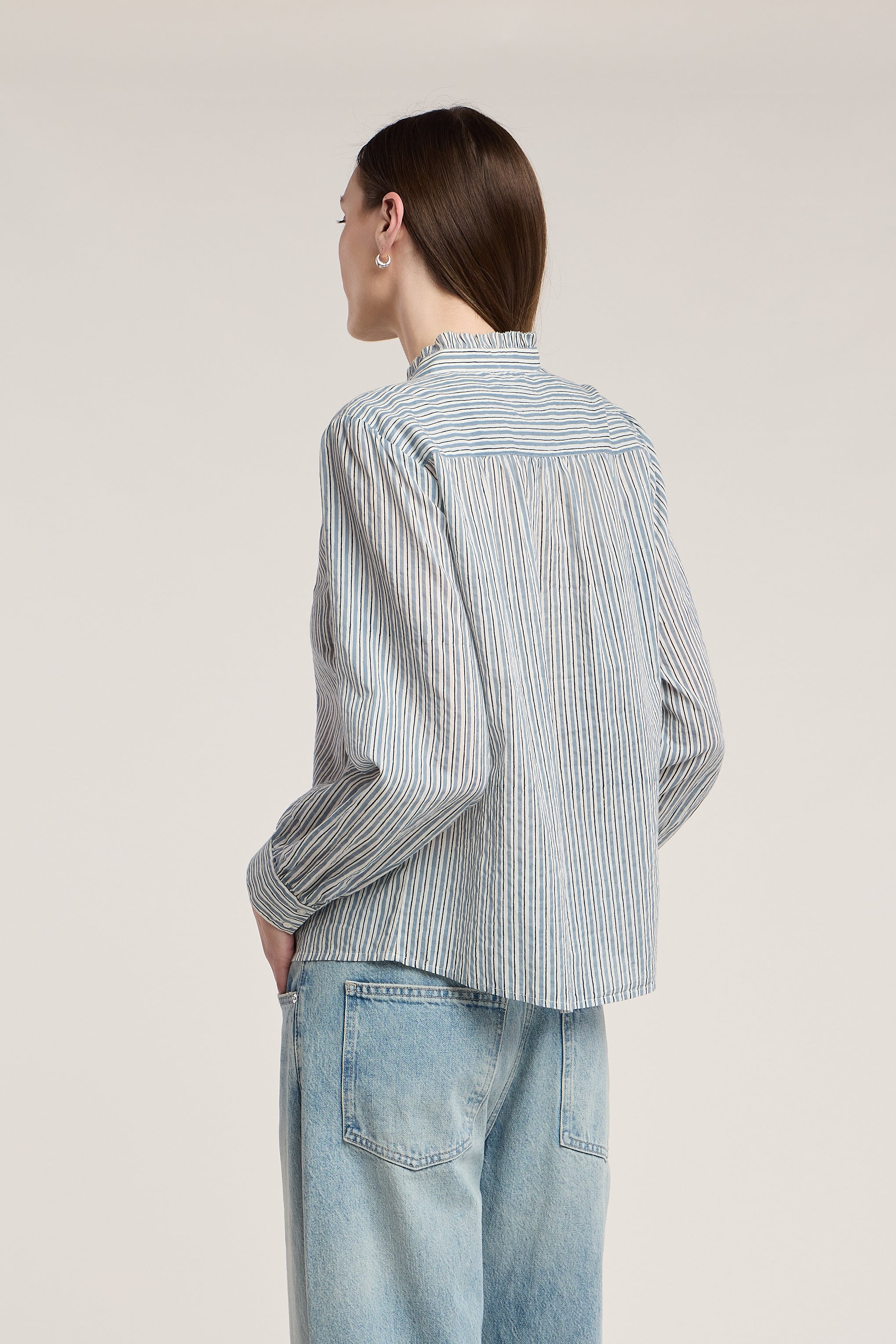 blue and white stripe blouse with no collar