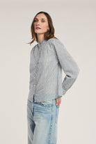 blue and white stripe blouse with no collar