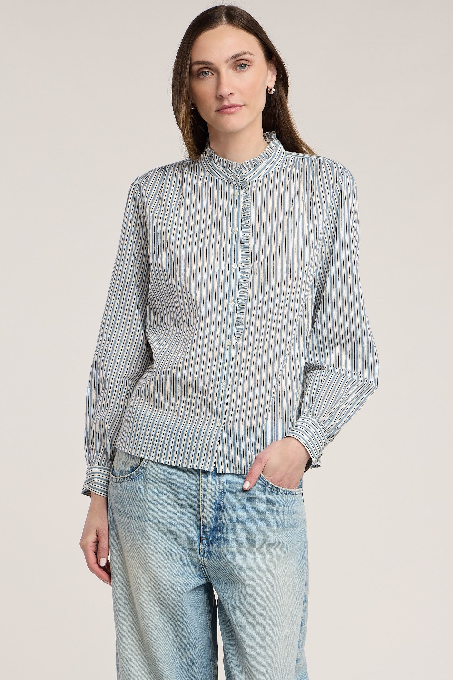 blue and white stripe blouse with no collar