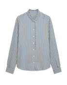 blue and white striped button up top with no collar