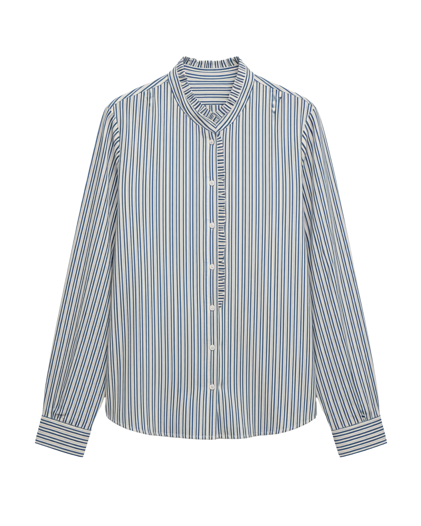 blue and white striped button up top with no collar