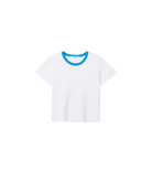 white basic tee with a blue crewneck