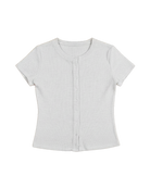 short sleeve grey top with buttons down the front