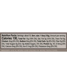 Nutrition facts label with serving size, calories, and ingredient list on a white background