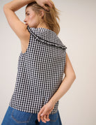 black gingham sleeveless top with large collar