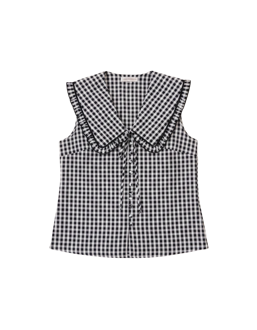 black gingham sleeveless top with large collar