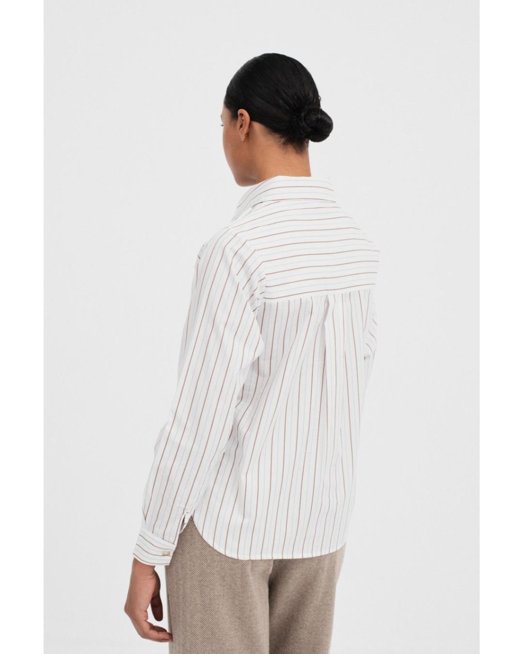 button up blouse in white with brown stripes