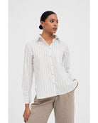 button up blouse in white with brown stripes