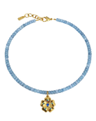 blue beaded necklace with gold flower pendant 