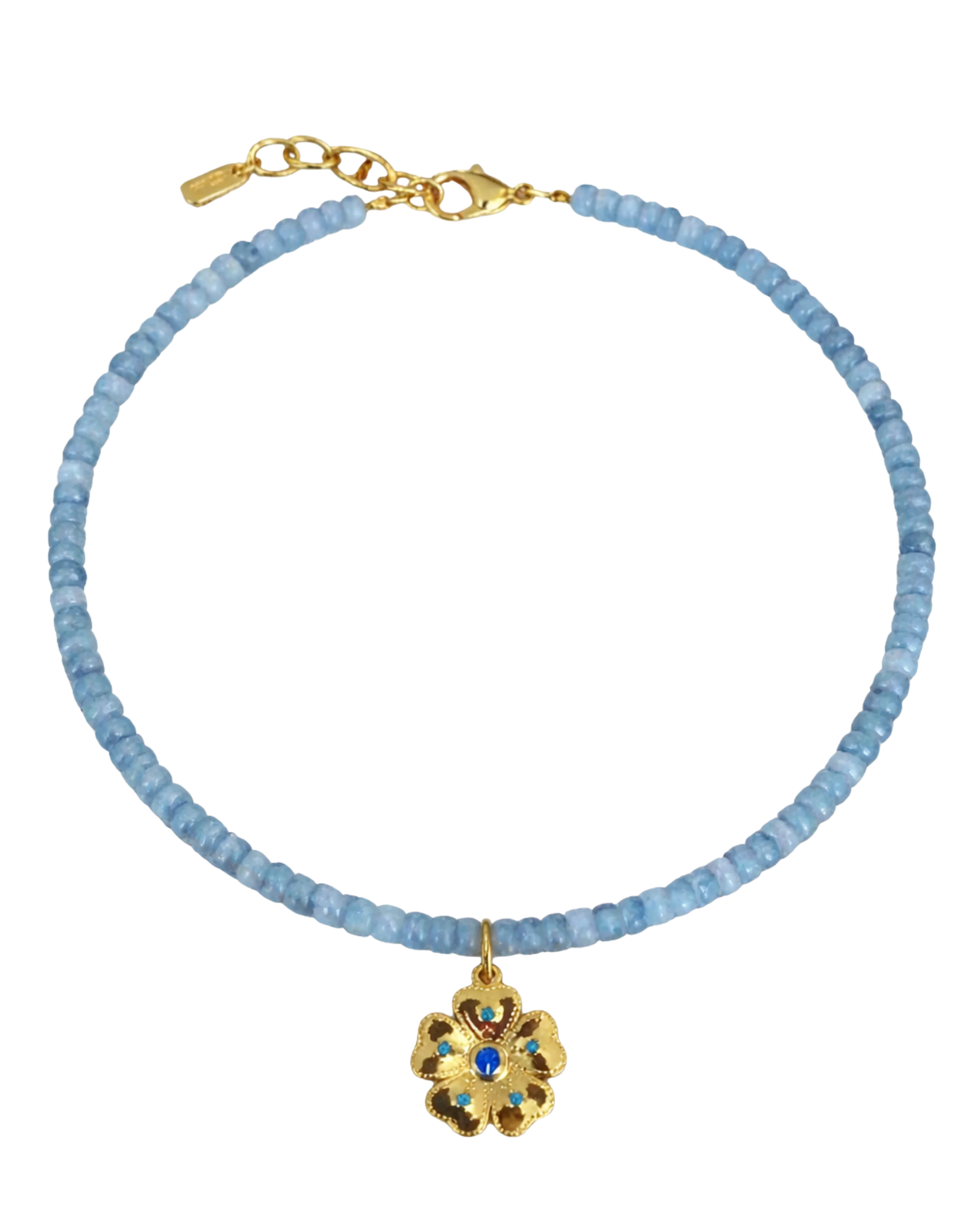 blue beaded necklace with gold flower pendant 