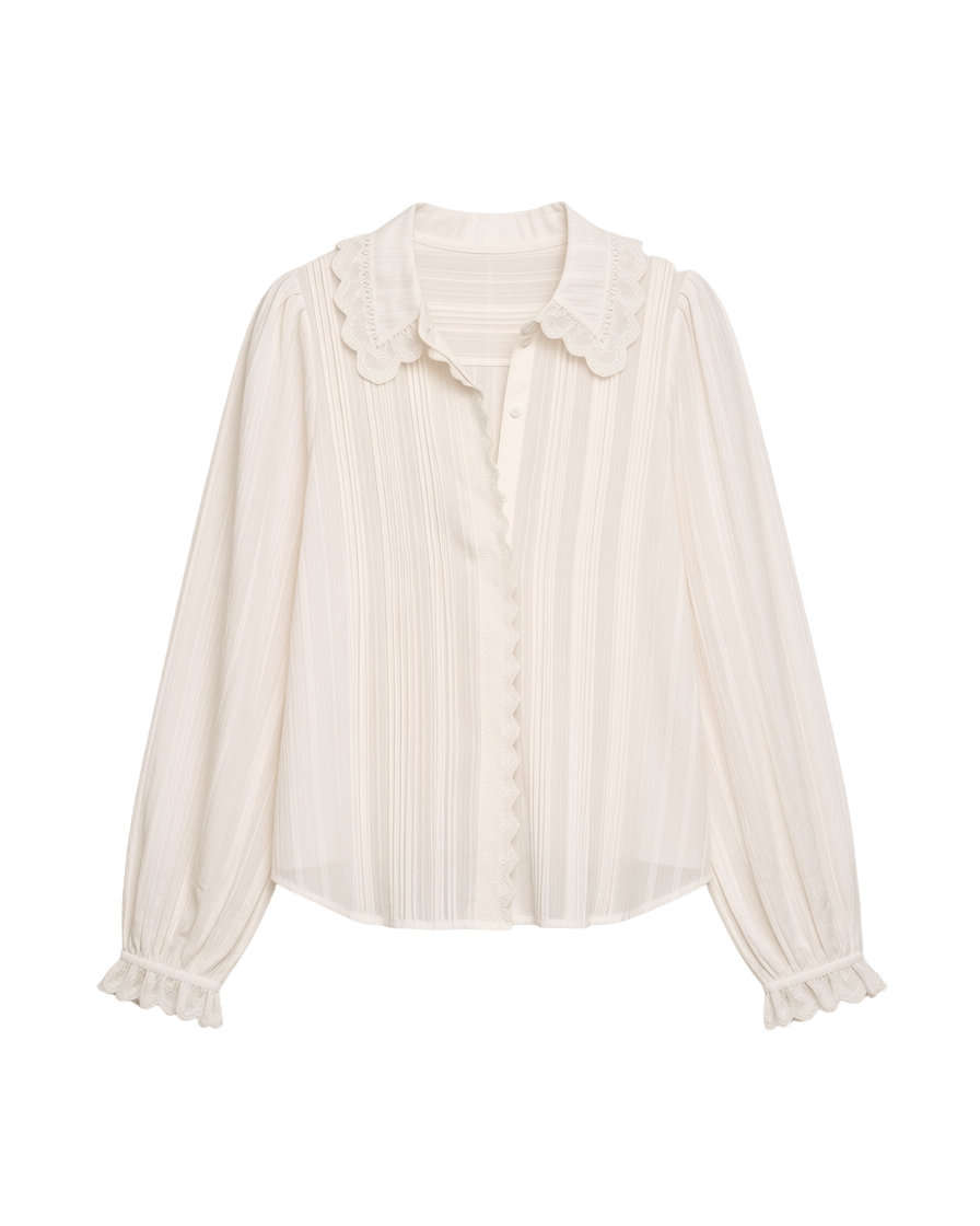 white blouse with lace trim on sleeves and collar