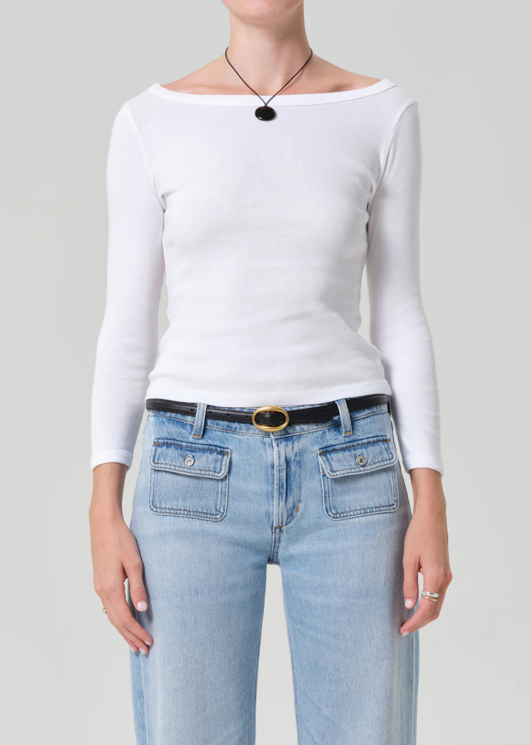 boat neck ribbed long sleeve in white