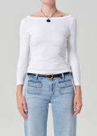 boat neck ribbed long sleeve in white