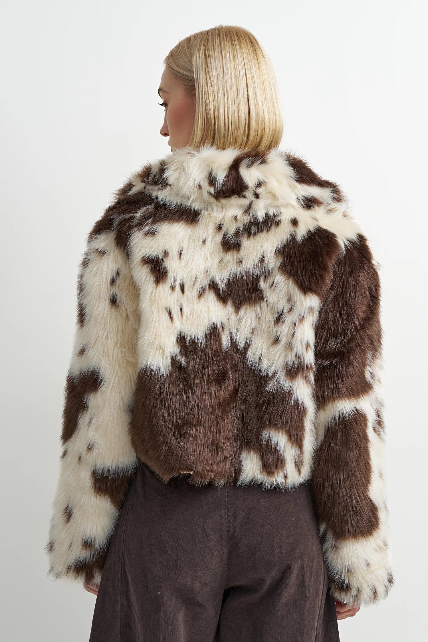 brown and white cow print crop jacket