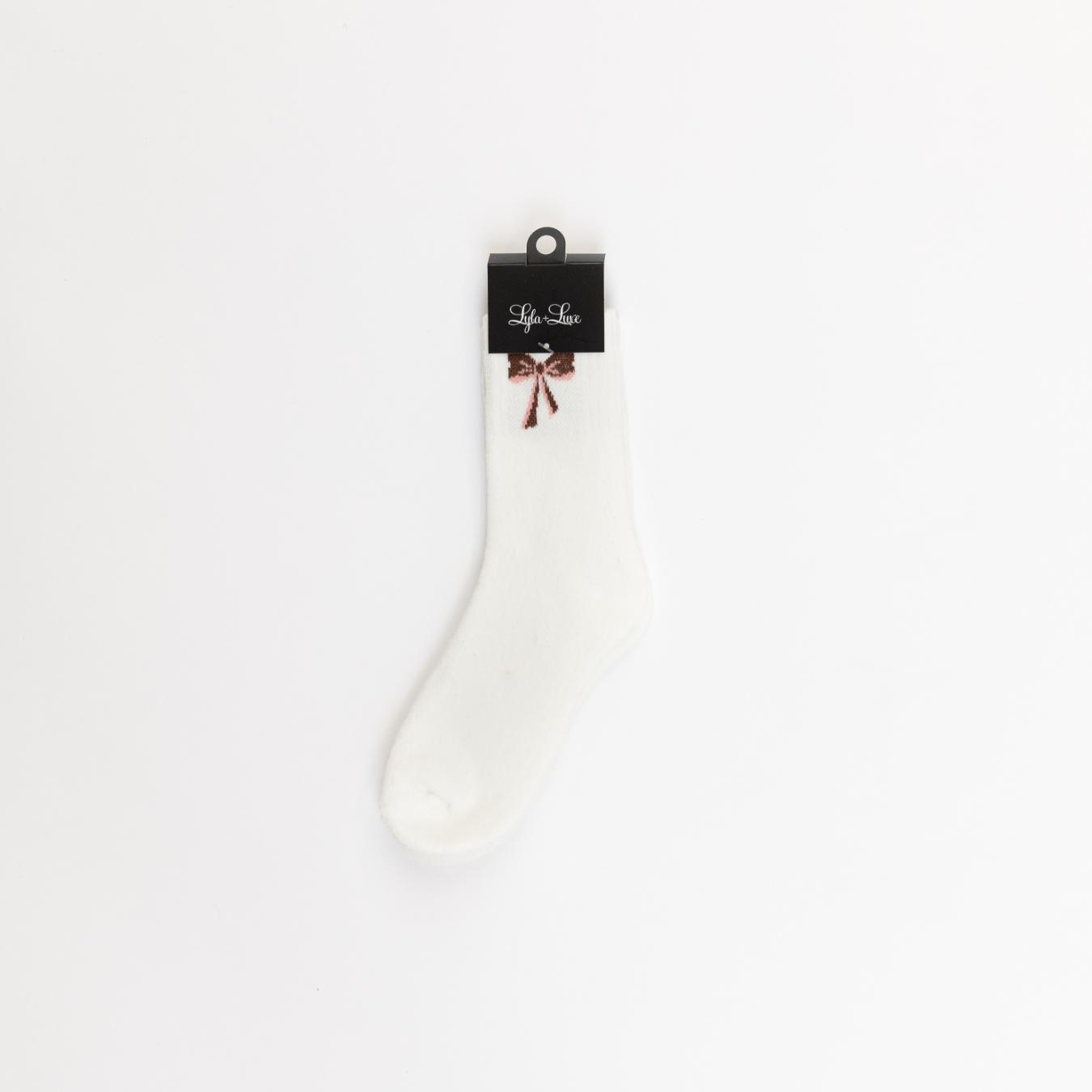 white crew socks with a printed bow on the side