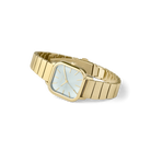 gold square face watch with pearl face