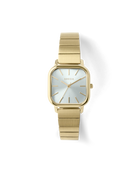 gold square face watch with pearl face
