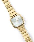 gold square face watch with pearl face