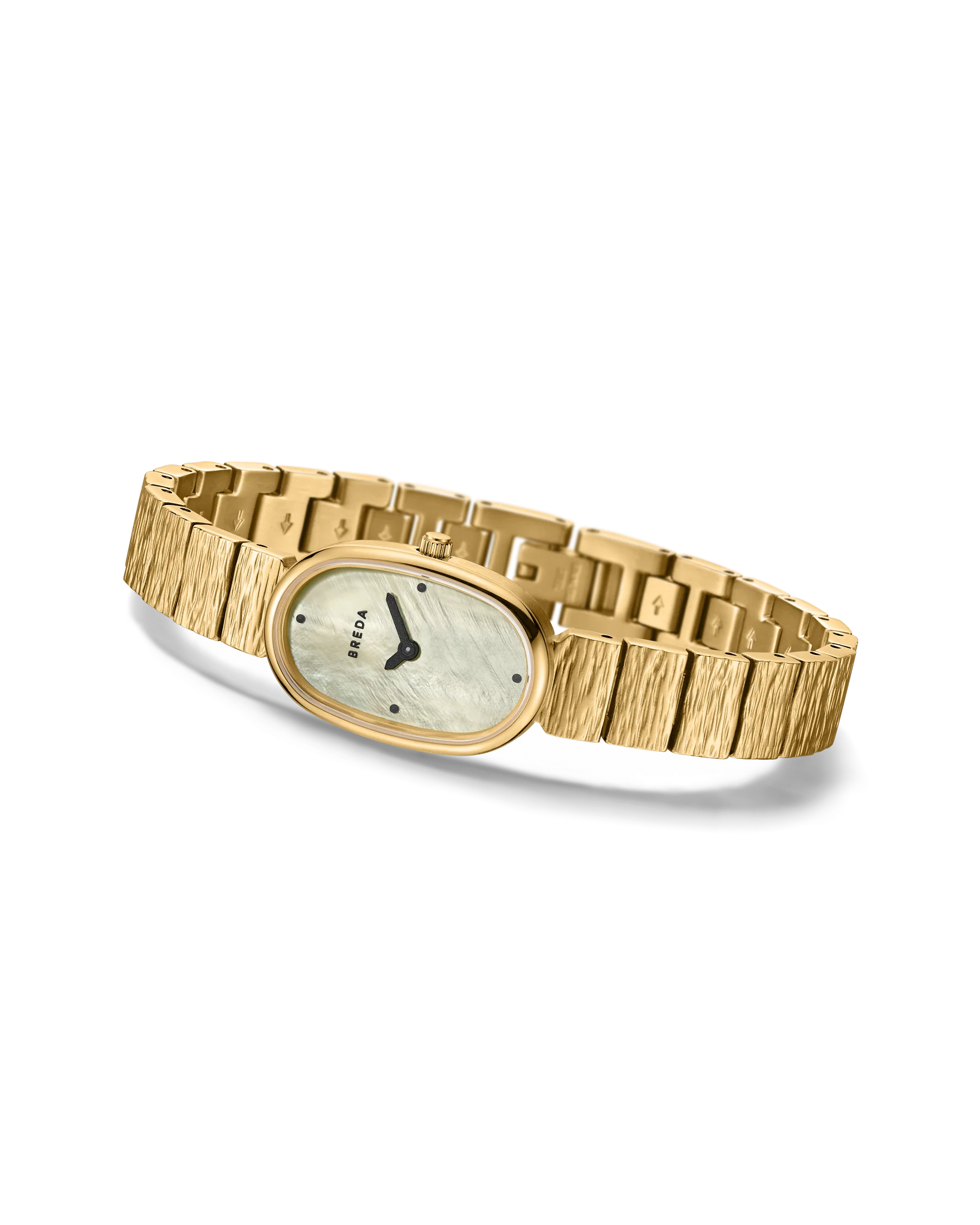 gold textured watch with pearl face