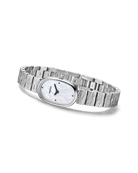 textured silver watch with pearl face