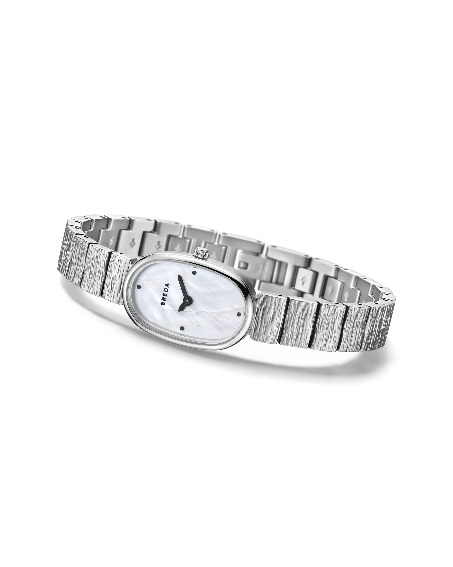 textured silver watch with pearl face