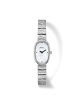 textured silver watch with pearl face