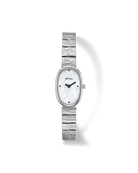textured silver watch with pearl face