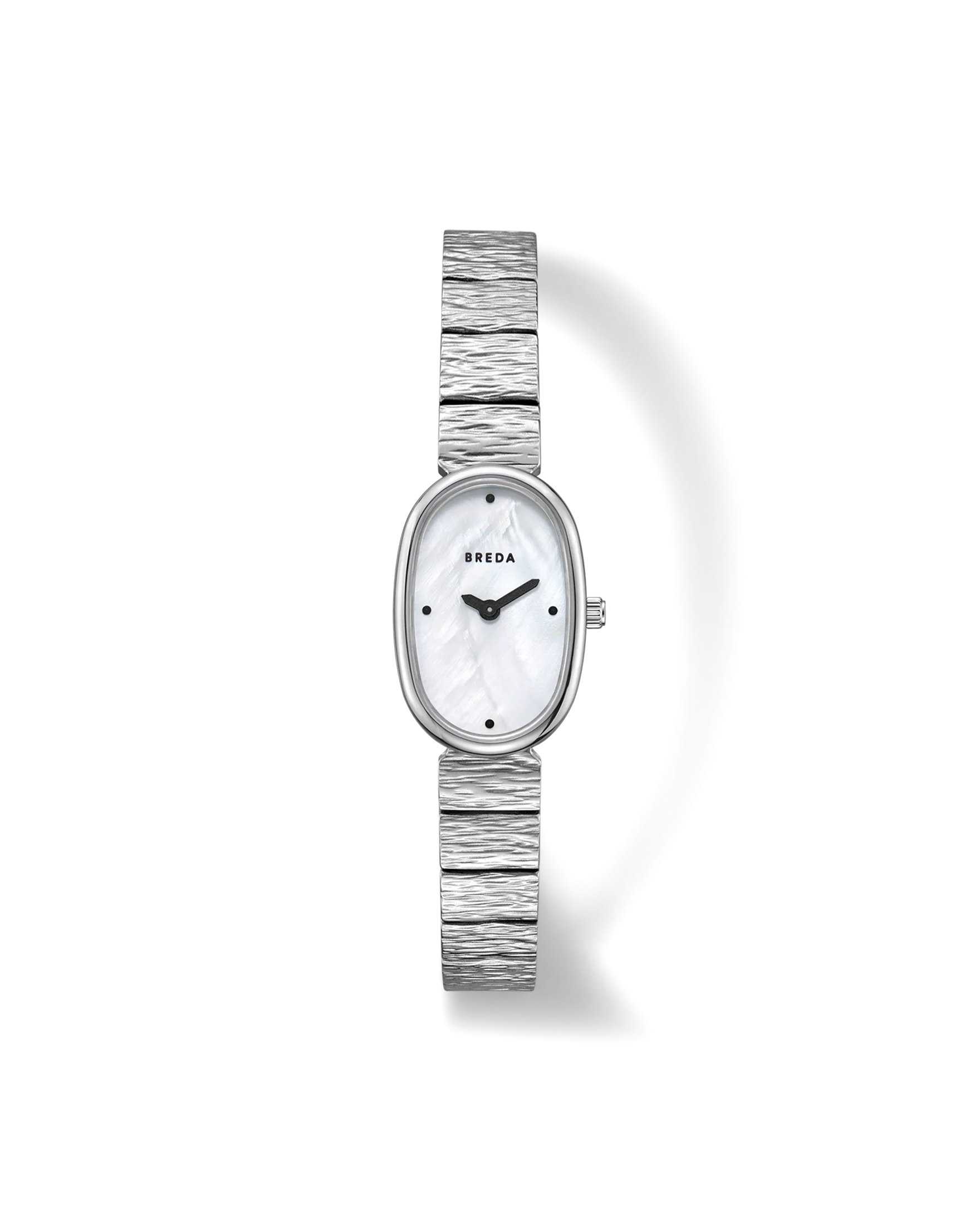 textured silver watch with pearl face