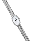 textured silver watch with pearl face