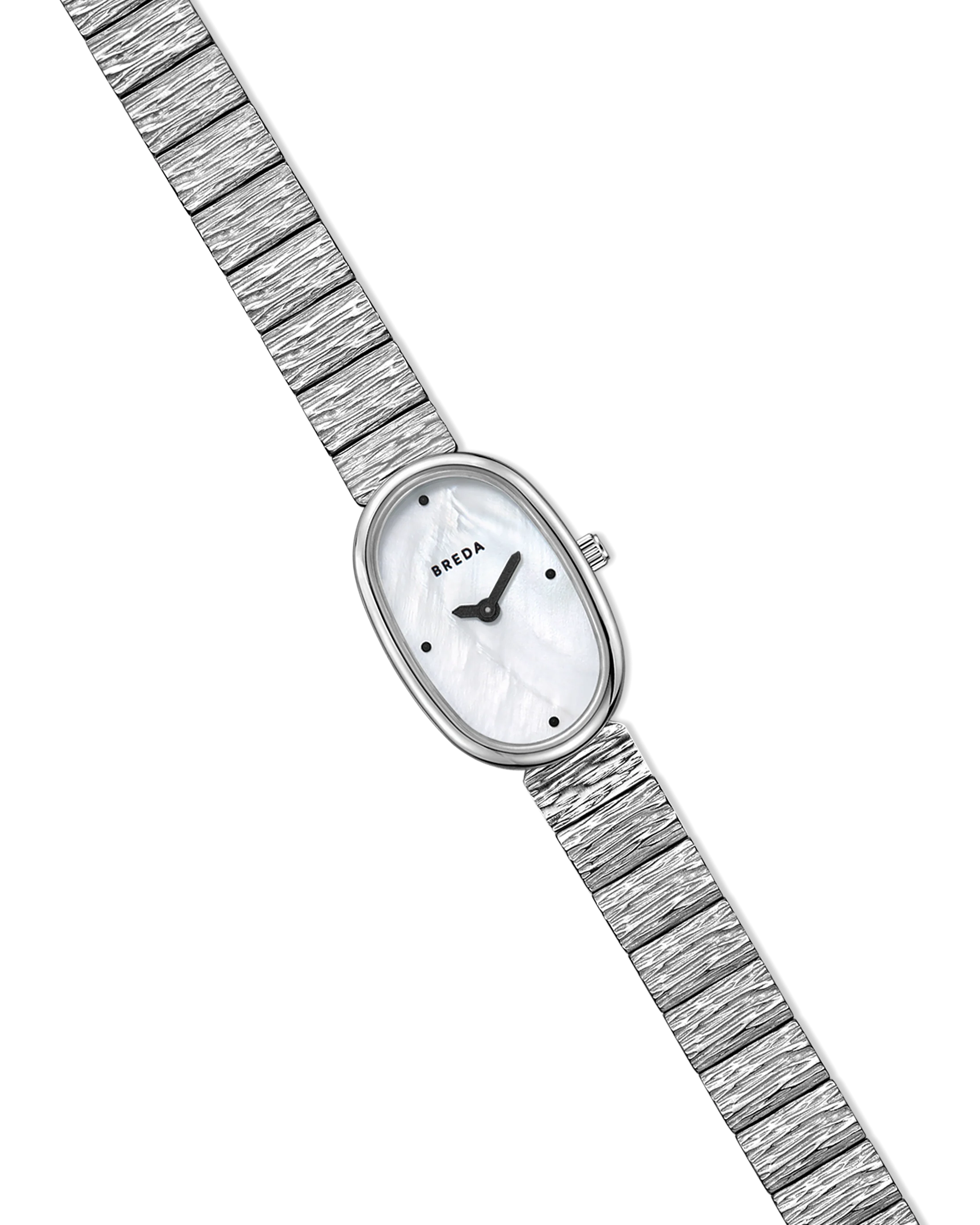 textured silver watch with pearl face