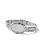 silver oval watch with pearl face
