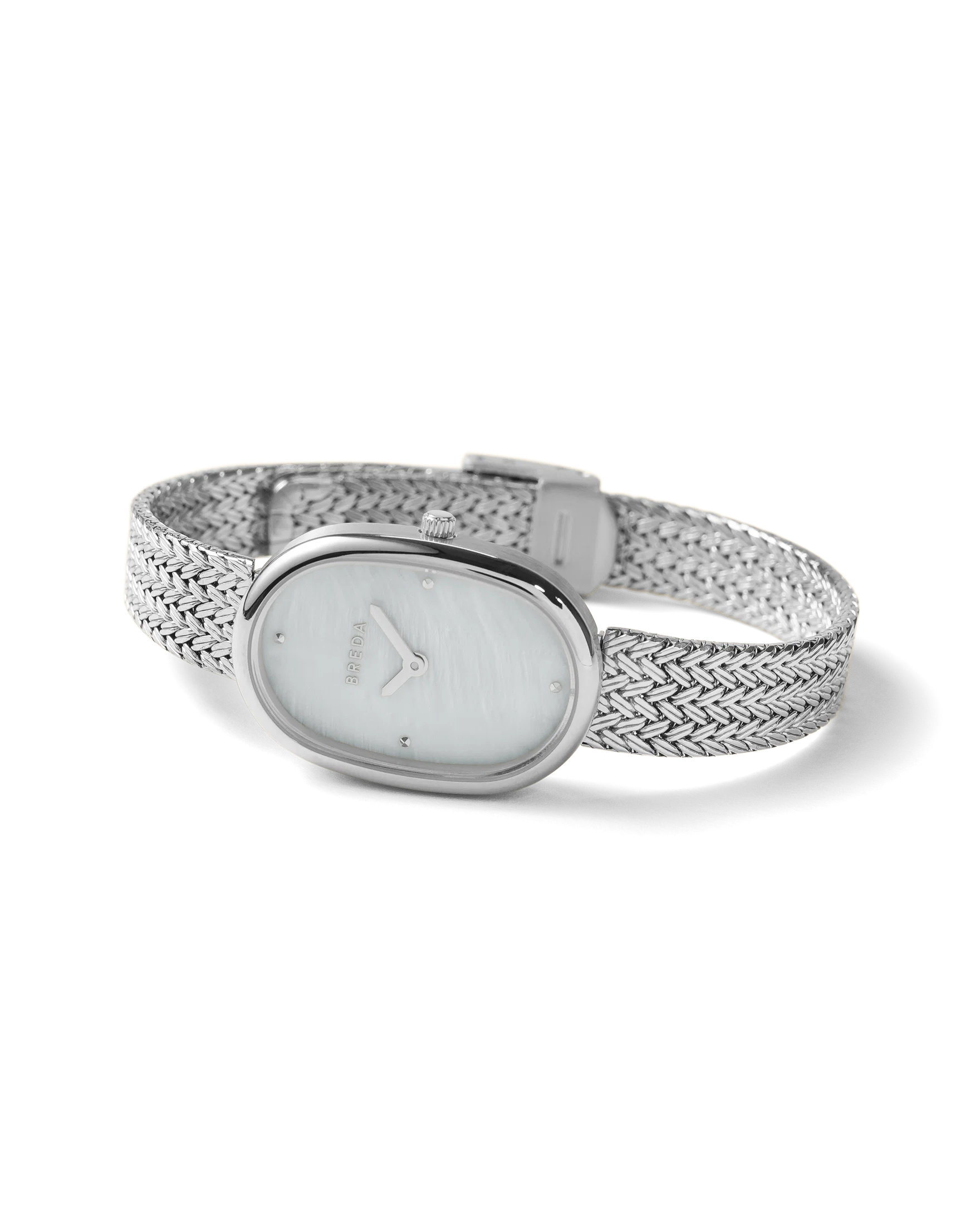 silver oval watch with pearl face