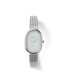 silver oval watch with pearl face