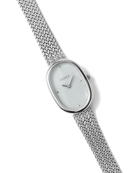 silver oval watch with pearl face
