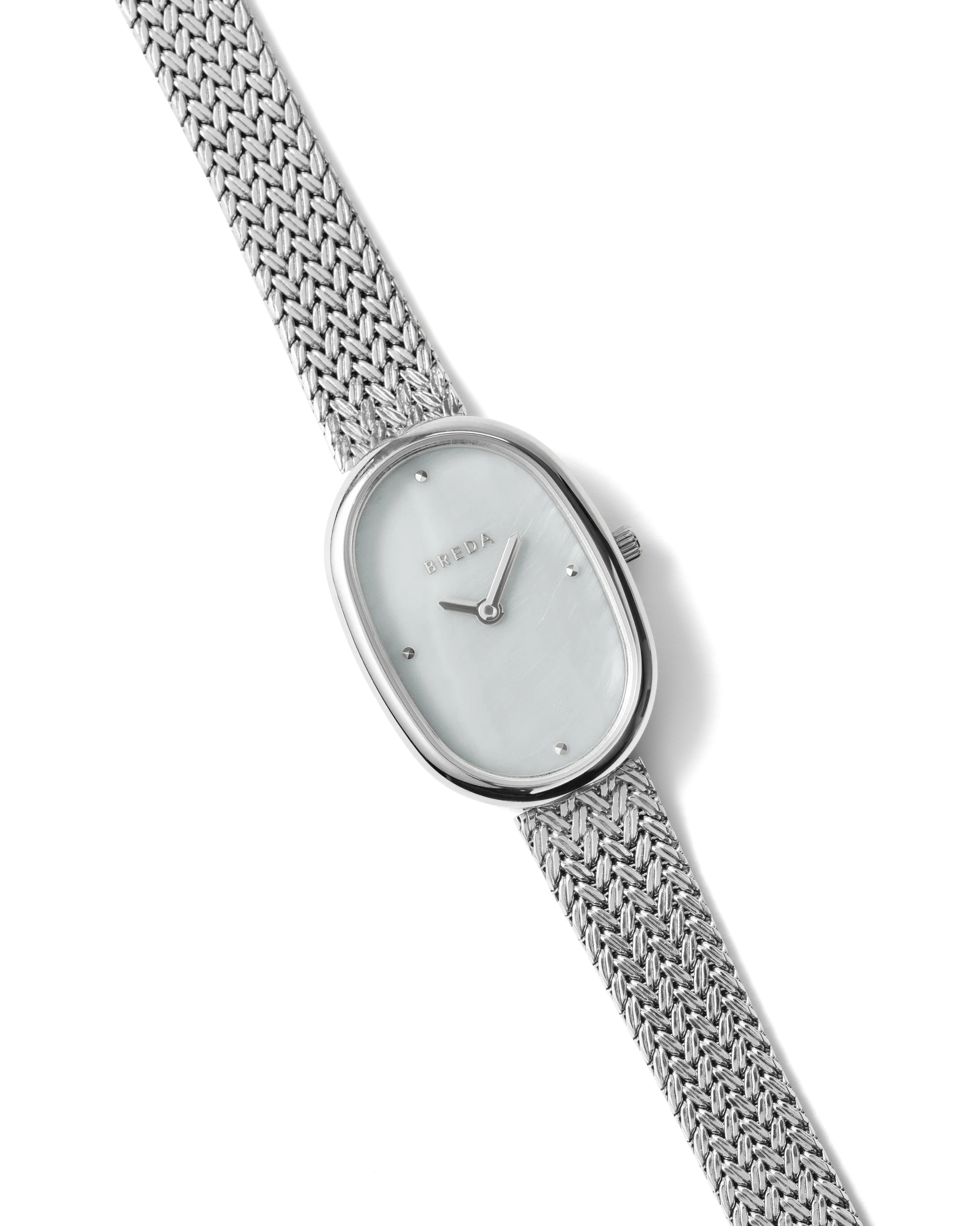 silver oval watch with pearl face