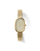 textured gold watch with pearl face