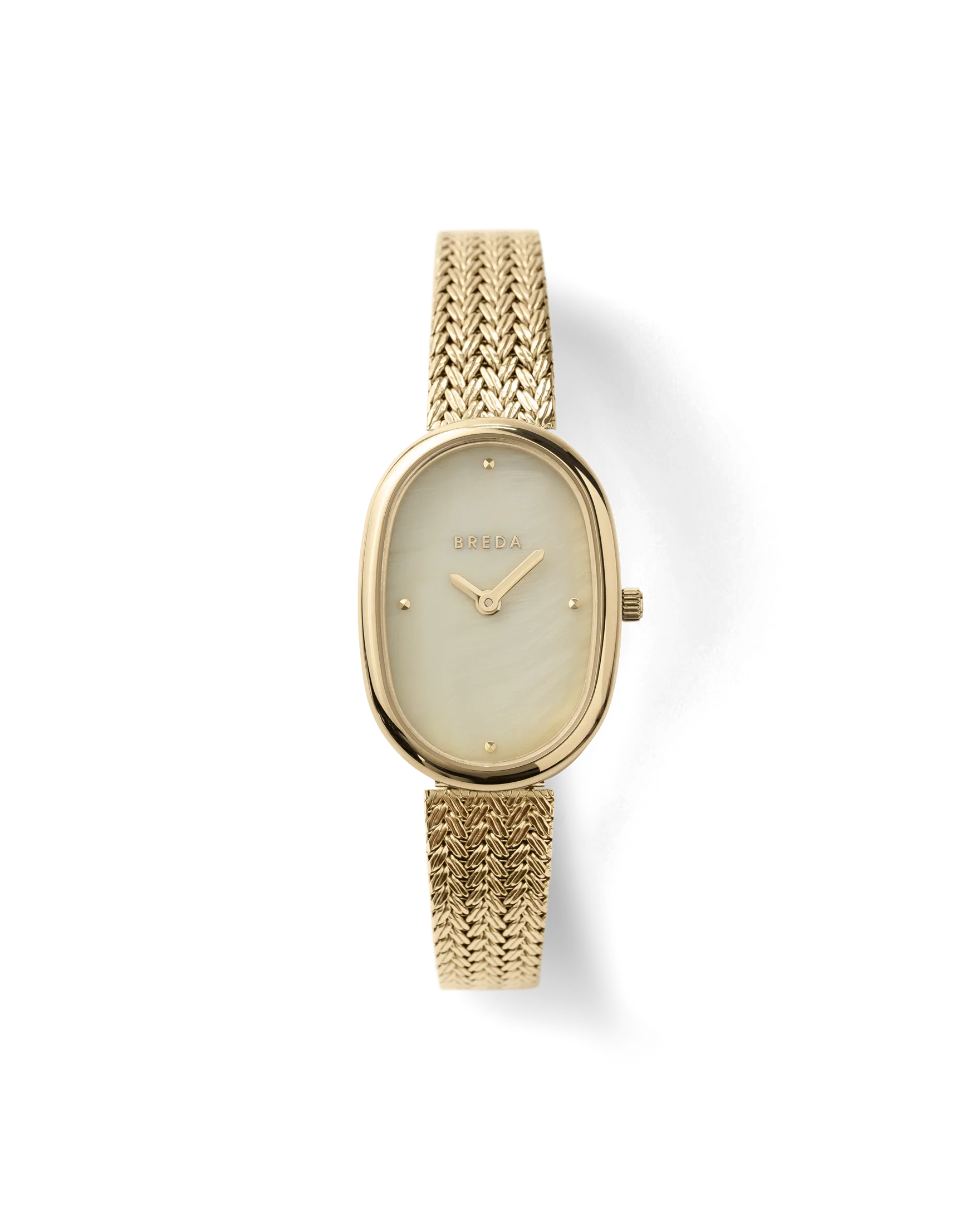textured gold watch with pearl face