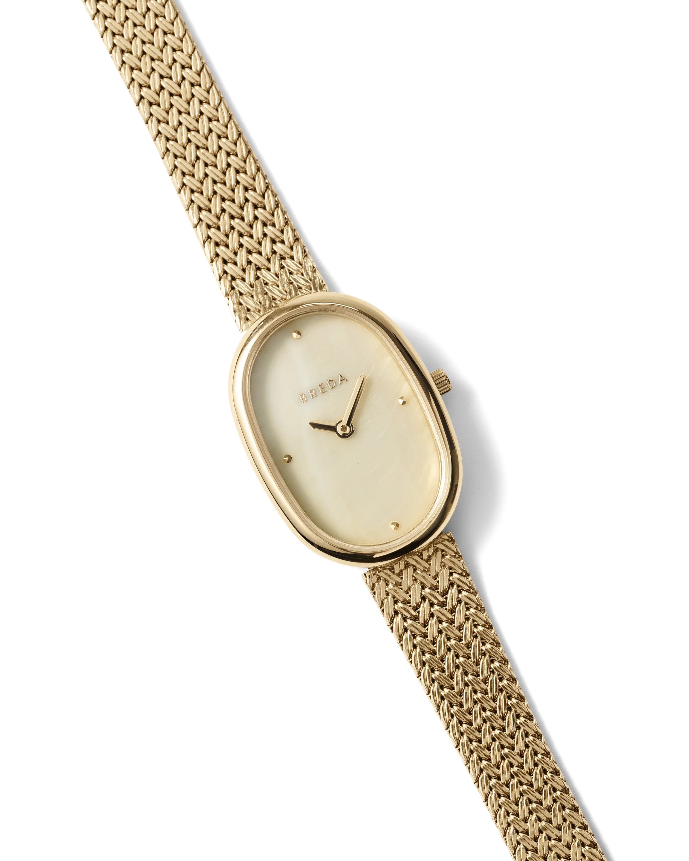 textured gold watch with pearl face