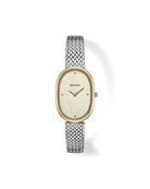 watch with silver band and gold face 